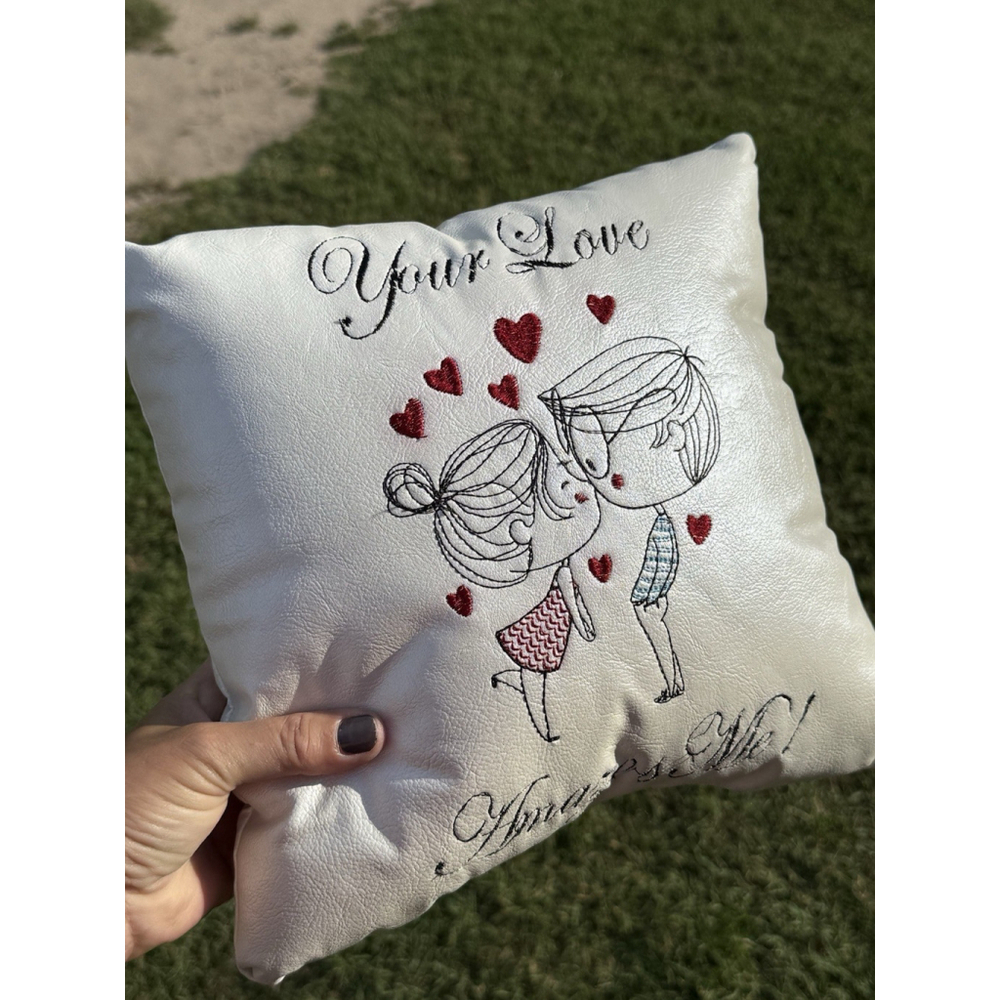 Vinyl Throw Pillow “Your LOVE Amazes Me” Embroidered Love Kiss Couple 11 x 11”